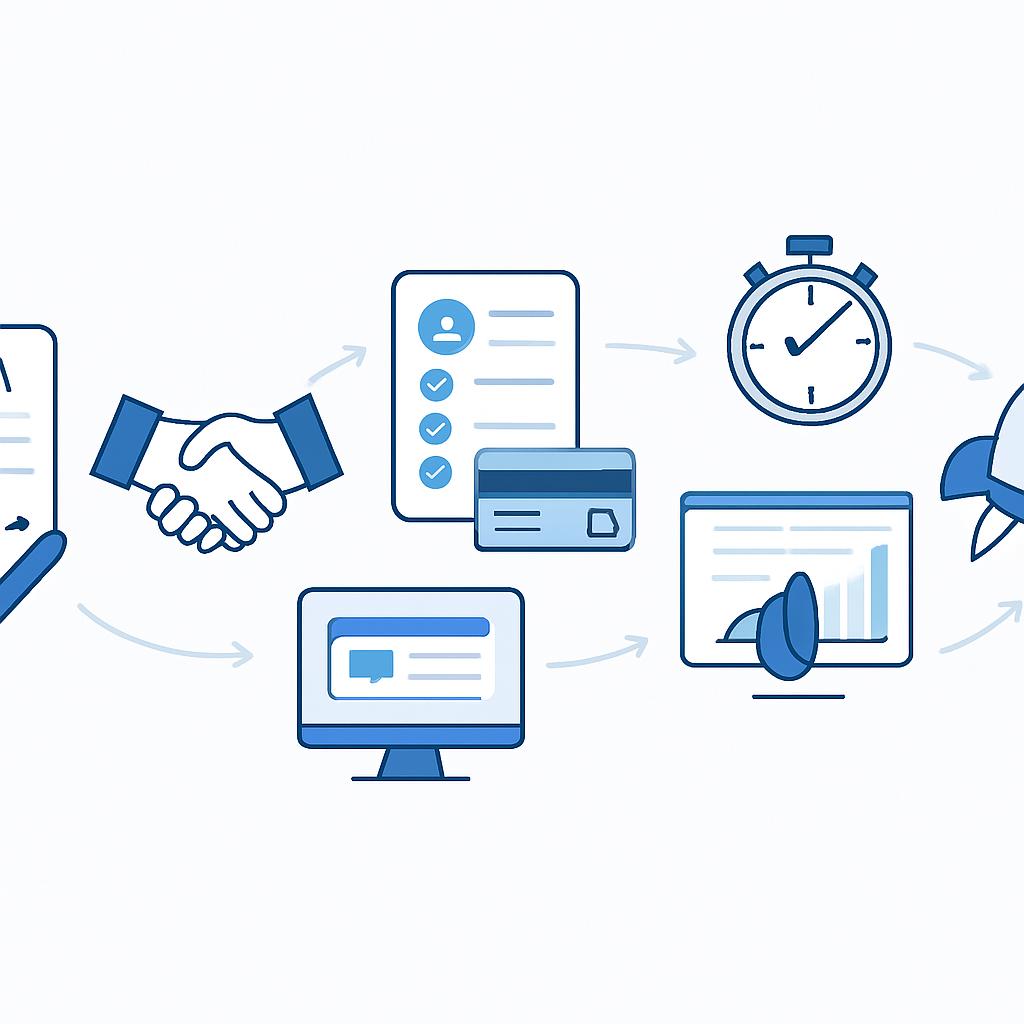 Create a sleek modern hero banner illustration that visually represents a simplified stepbystep collaboration process Use clean minimalistic icons arranged horizontally or in a gentle curve to show flow Include these key visuals signing a contract ND